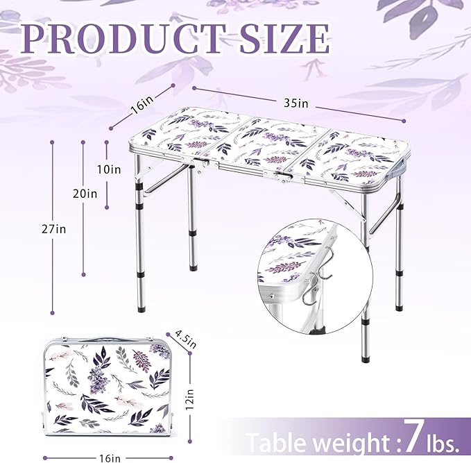 Yriuat Folding Camping Table 3ft Portable Picnic Table Adjustable Height Small Card Table Aluminum Foldable Lightweight with Carry Handle for Outdoor Indoor Hiking Camp BBQ Beach (Misty Lilac)