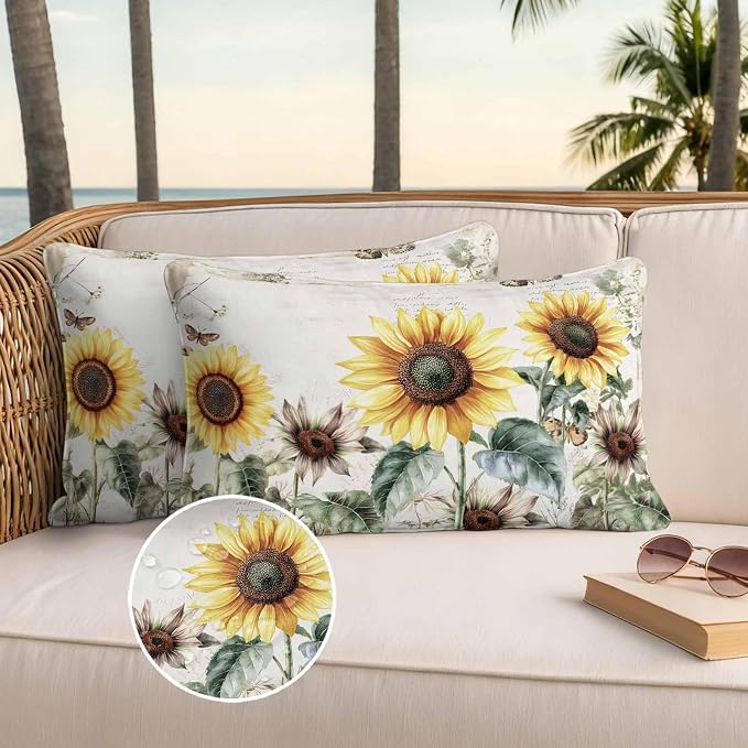 Vintage Yellow Sunflowers Outdoor Waterproof Throw Pillow Covers Set of 2, 20"x12", American Pastoral Style Decorative Pillow Covers Outside Cushion Case for Patio Porch Garden