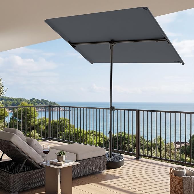 HOMSHADE 6x4ft Outdoor Balcony Umbrella - Flat Porch Pool Patio Umbrella Rectangular Canopy Shade UPF50+ UV Protection 360° Rotating & Tilting All Angles Applicable (Grey, No Base)