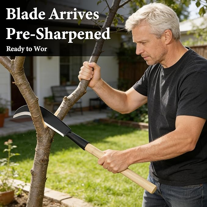 Sickle Garden Tool, Heavy Duty Carbon Steel Billhook Machete for Cutting Trees, Hand Grass Weeding Brush Clearing Sickle Knife with Wooden Handle Sharp Blade Portable for Yard Work Camping Farming
