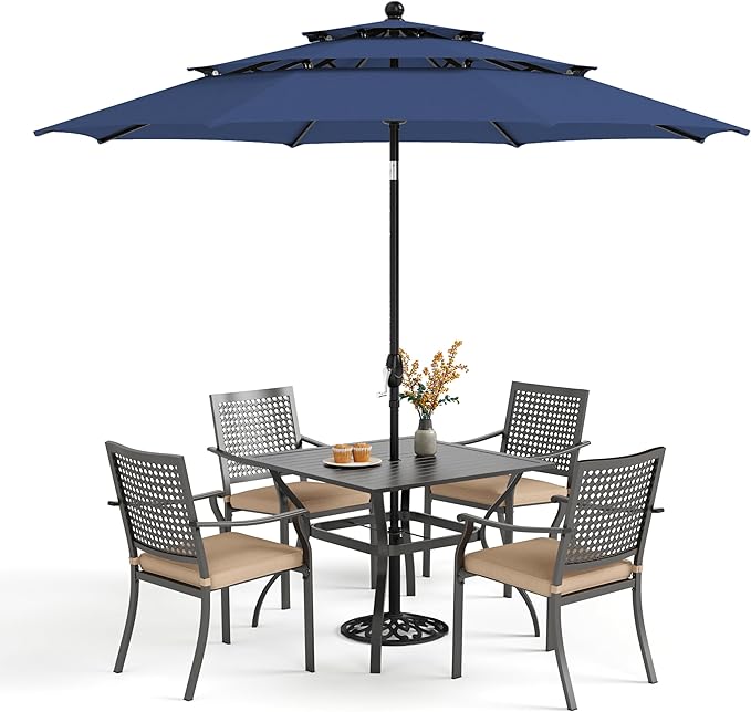 PHI VILLA 5 Pieces Outdoor Dining Set for 4 with 10ft Umbrella, 37" Metal Square Table & Stackable Wrought Iron Chair with Cushions & Blue Umbrella, Modern Furniture Set for Patio, Deck, Yard, Porch