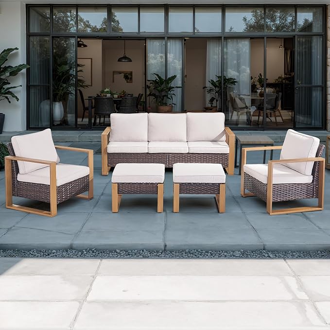 Outdoor Wicker Patio Furniture Set - 6 Piece Patio Conversation Set with 2 Wicker Armrest Chairs,2 Rattan Ottoman,1 Side Table and 1 Couch,Sturdy Frame,Thick Cushions,Deep Seating(Brown/Beige)