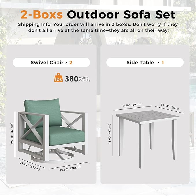 Aluminum Outdoor Furniture Set,2-Seats Outdoor Swivel Rocker Patio Chairs with 5.2" All-Weather Cushions and Coffee Table,3 PCS Patio Conversation Set for Deck, Porch, Garden (White)
