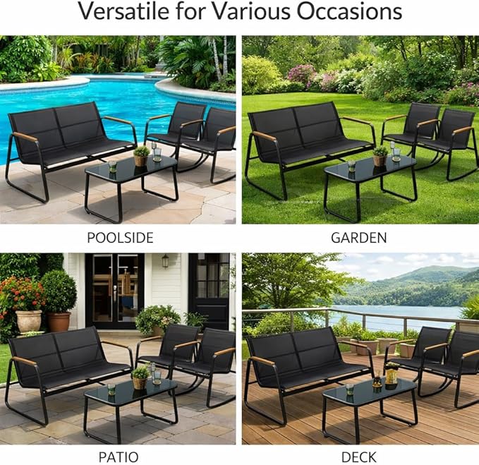 Kozyard 4-Piece Outdoor Patio Furniture Set with Textilene Chairs, Metal Conversation Set, Tempered Glass Coffee Table, Powder-Coated Steel Frame for Garden, Poolside, Backyard Black