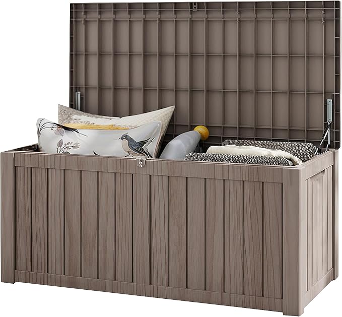 FEFLO 120 Gallon Resin Desk Boxes, Lockable Outdoor Storage Box | IP54 Weatherproof Package Delivery Boxes for Furniture, Toy, Shoe, Garden & Patio Tools Storage Outside - Brown