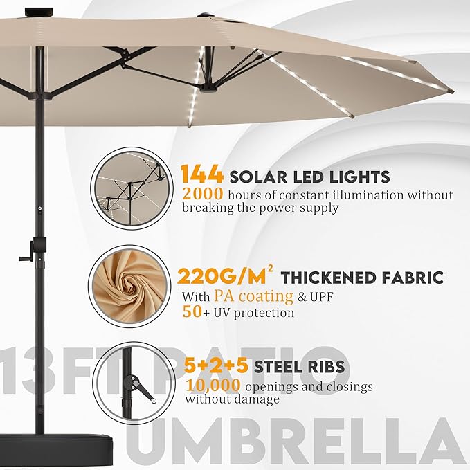 GDPFN 13ft Large Patio Umbrella with Solar Lights, Outdoor Double-Side Rectangular Umbrella with Base Included, Backyard Pool Umbrella with LED Light for Deck, Outside, Market, Beige