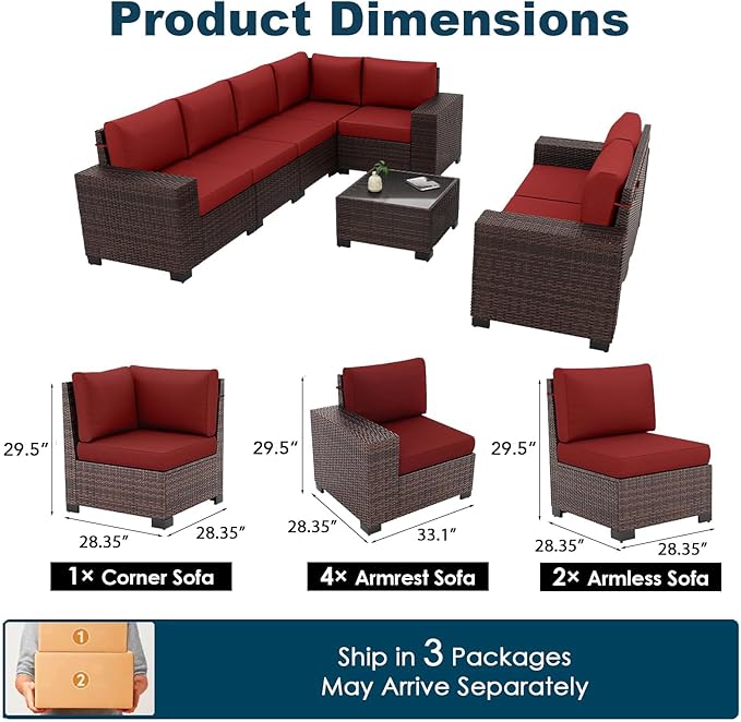 Patio Furniture Set, 8 Pieces Outdoor Sectional Sofa Conversation Sets with Waterproof Cover Modern Wicker Seating Set, 4'' Thickened Cushions 1 Glass Coffee Table 2 Armless Sofas, Wine