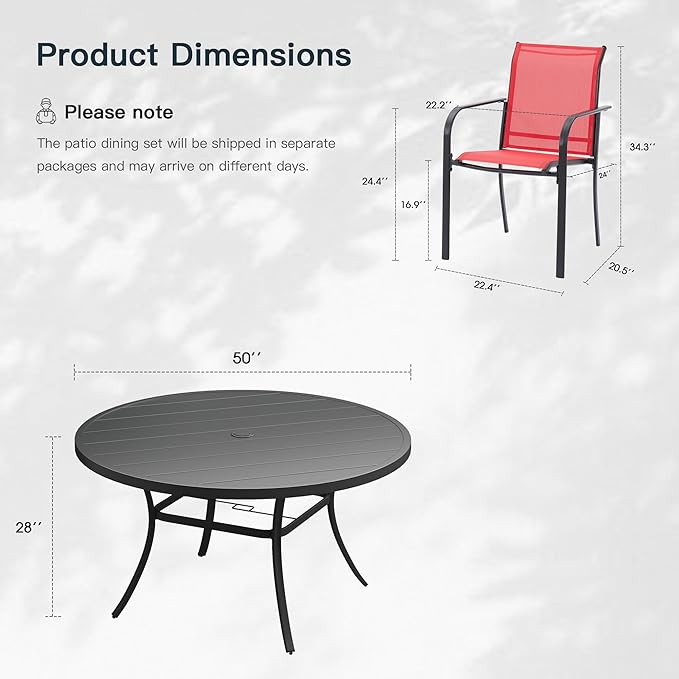 VICLLAX 7 Pieces Patio Outdoor Dining Set, 50" Round Metal Table with Umbrella Hole and 6 Stackable Textilene Chairs for Lawn, Garden, Porch, Black/Red