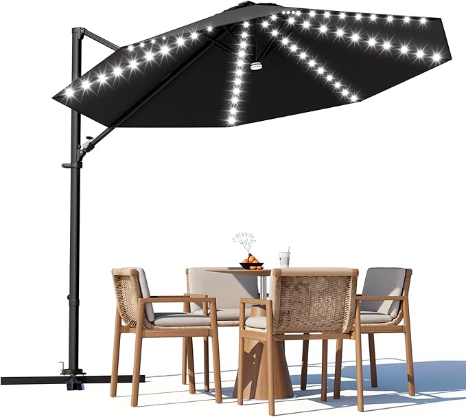 Greesum 10FT Outdoor Patio Umbrella with High Pedel and 4 Gear Heights, Large Offset Umbrella with Solar LED Lights and 360-degree Rotation, Without Base, Hanging Outdoor Shade for Garden, Black