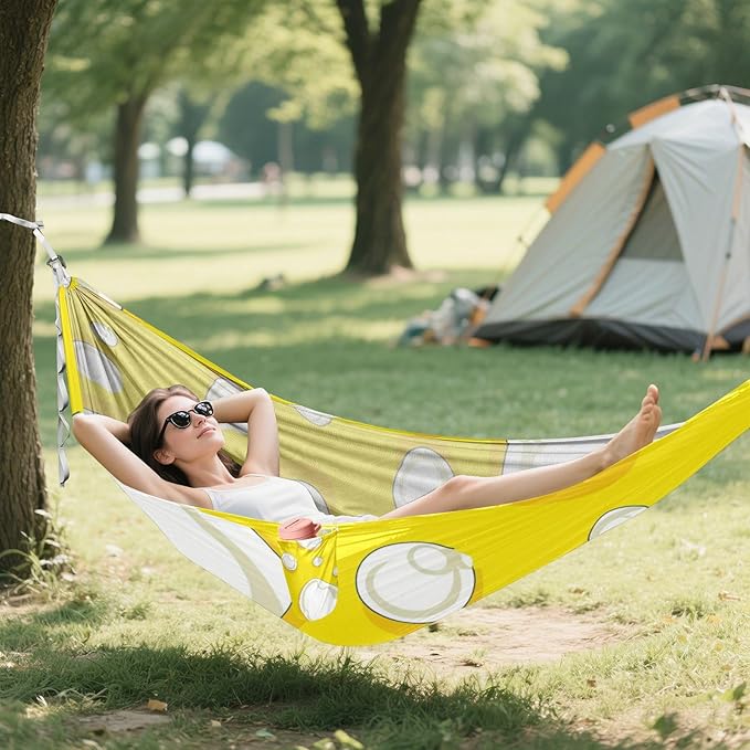 White Circular Spots on A Yellow Background 330lb Capacity Hammocks with Portabl Carry Bag Tree Hammock for Outside Patio Backyard Poolside amacas para patios con Base de adultos