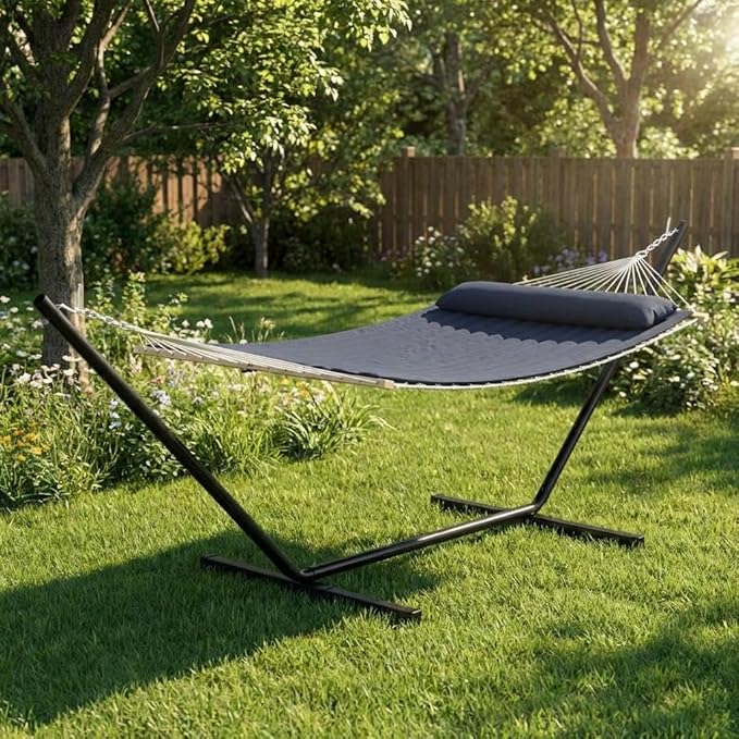Double Hammock with Stand for 2-Person - 475 lbs Heavy Duty Capacity - Outdoor & Indoor Cotton Rope - Quilted Reversible Pad & Hardwood Spreader Bars - Portable & Comfortable for Garden,