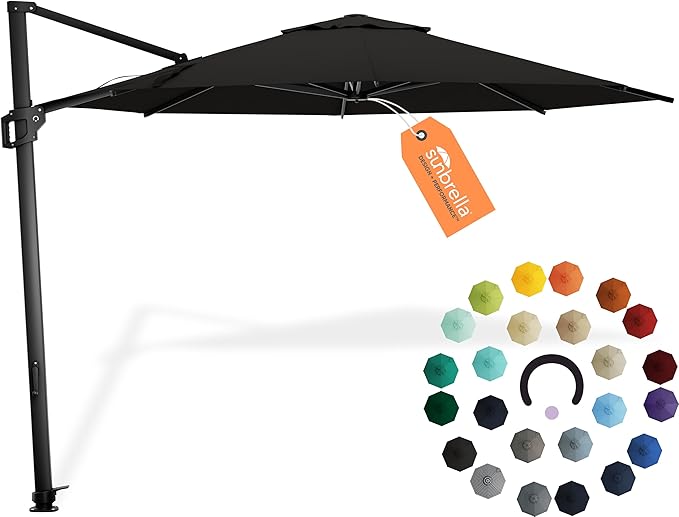 Midtown Umbrellas 10 Ft Outdoor Cantilever Patio Umbrella w/Sunbrella Black Frabric - Tilt 360° Rotate Offset Patio Umbrella, Deck Patio Umbrella, Backyard Umbrella & Garden Umbrella - Black Frame