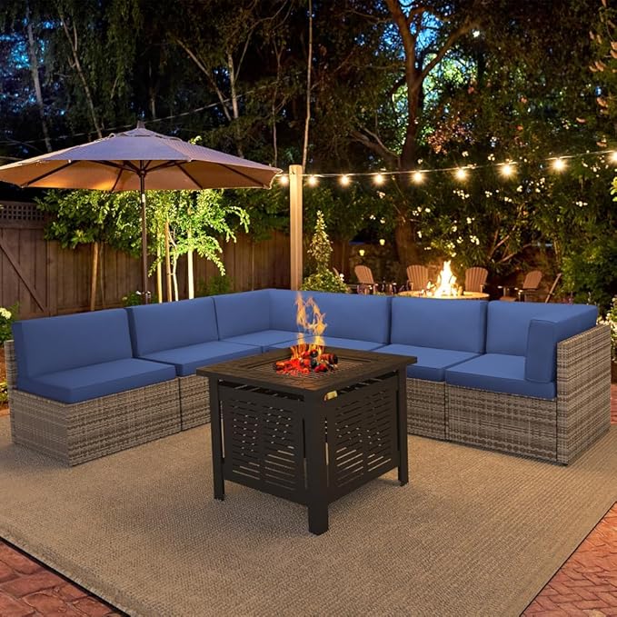 U-MAX 7 Piece Outdoor Patio Furniture Set with 30 Inch Fire Pit Table, PE Rattan Wicker Sofa Set, Outdoor Sectional Furniture Chair Set with Cushions and Tea Table, Grey Rattan&Dark Blue Cushion