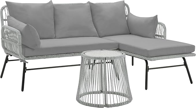 EROMMY 3 Piece Boho Patio Conversation Sets, L-Shaped Sectional Patio Furniture Sofa Set with Thick Cushions and Toughened Glass Coffee Table for Backyard Balcony Garden Porch, Gray