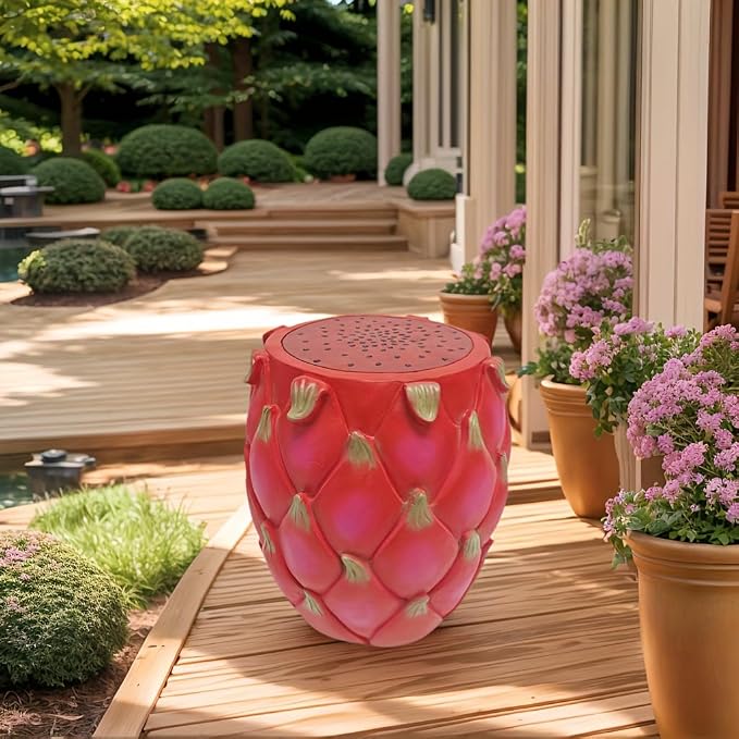 13.78" Dragonfruit Stool Side Table Home Decor, Resin Multi-Purpose Garden Stool & Plant Stand, Indoor Outdoor Fruit End Table for Garden Patio, Porch, Housewarming Gift