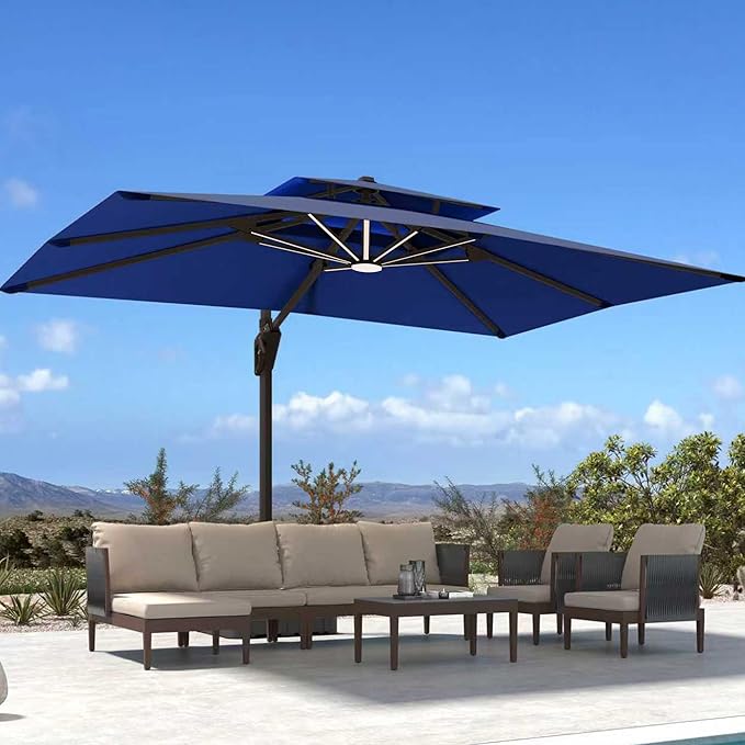 10' X 13' Patio Umbrella with Weighted Base and LED Lights Outdoor Cantilever Large Rectangle Offset Umbrellas Heavy Duty Aluminum Double Top with 360-degree Rotation for Pool Garden Deck, Navy