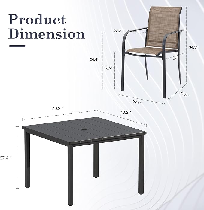 Patio Table and Chairs Set for 4, Outdoor Dining Set with 4 Stackable Dining Chairs and 40.2" x 40.2" Patio Square Dining Table for Backyard, Deck, Lawn, Garden, Brown & Black