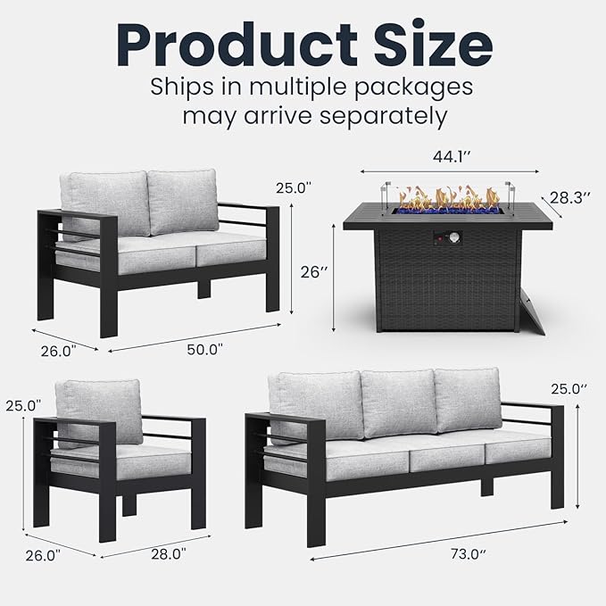 5 Pieces Modern Aluminum Patio Furniture Set with Fire Pit Table, Outdoor Conversation Sets Metal Sectional Sofa