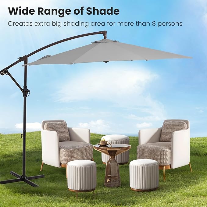 10FT Patio Umbrella, Outdoor Offset Cantilever Umbrella with Sturdy 8 Ribs, Easy Tilt Adjustment for Backyard Pool Garden,Light Gray