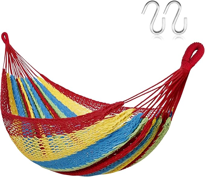 Handwoven Mayan Hammock with S Hooks - Breathable Open Weave for 1-2 Adults, Portable with Carry Bag by Bathonly (Backyard, Camping, Beach) - Multicolor