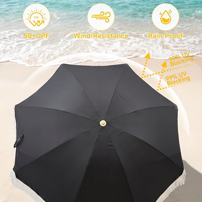 6.5FT Boho Patio Umberlla with Fringe,UPF50+ Outdoor Umbrella with Fiberglass Ribs and Push Button Tilt,Tassels Umbrella for Beach,Terrace,Picnic