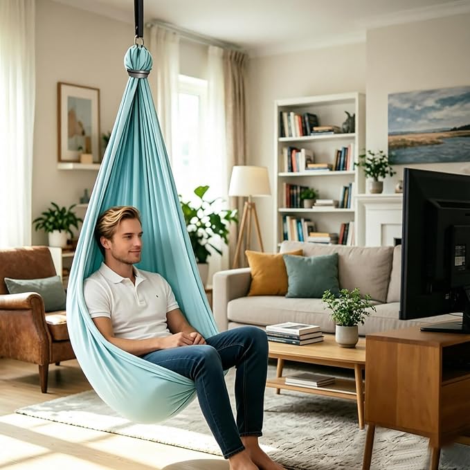 Hammock Without Stand, Double Layer Cuddle Hammock Swing, Adjustable Aerial Yoga Swing with Full Hardware Kit, 360° Swivel, Holds Up to 300lbs for Adults (Light Blue)