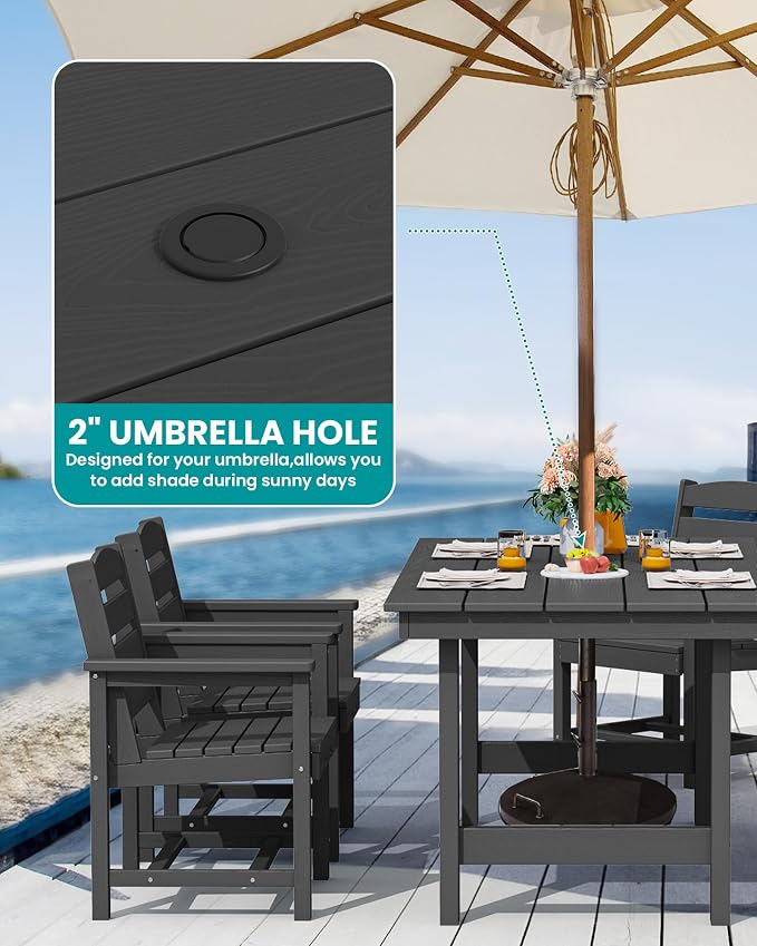 SERWALL 67" Rectangle Outdoor Dining Table for 6, Black | Patio Dining Table with an umbrella hole, HDPE Outdoor Dining Table which can holds up to 220LBS