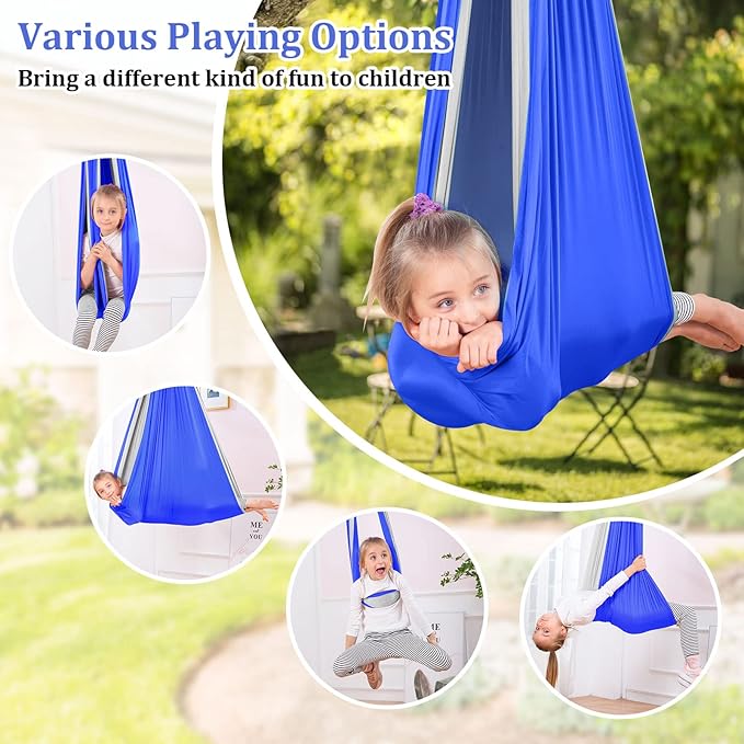 Yoga Swing for Kids Hammock Children Hangin Indoor Outdoor Autism Aspergers,ADHD Kids Hangin Therapy Swing 90inch x 59inch (Hardware Included) Sapphire Blue and Gray