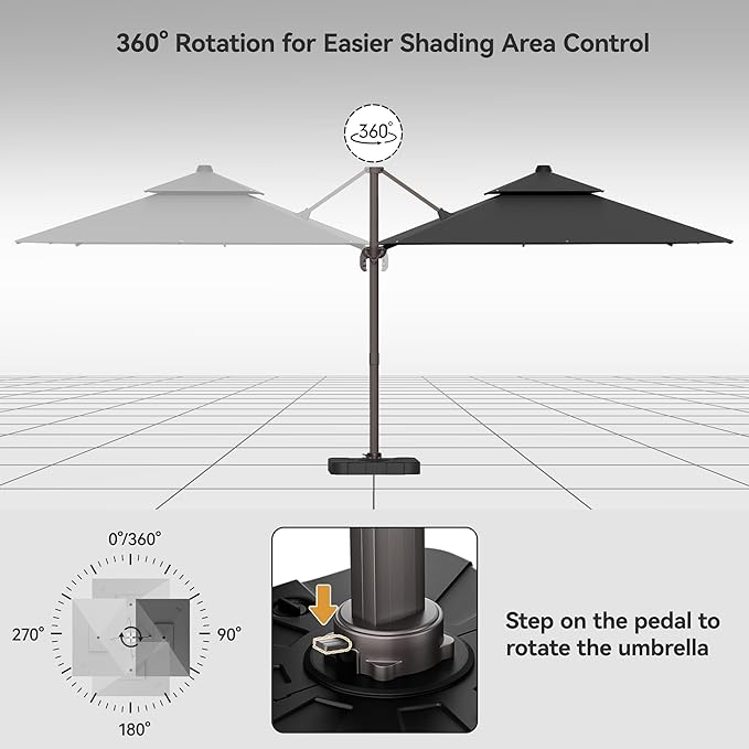 9x12FT Grey Cantilever Outdoor Patio Umbrella with Base, Large Rectangular Offset Design, Double Top Heavy Duty Aluminum Frame & 360° Rotation for Pool Garden Deck Backyard, Beige