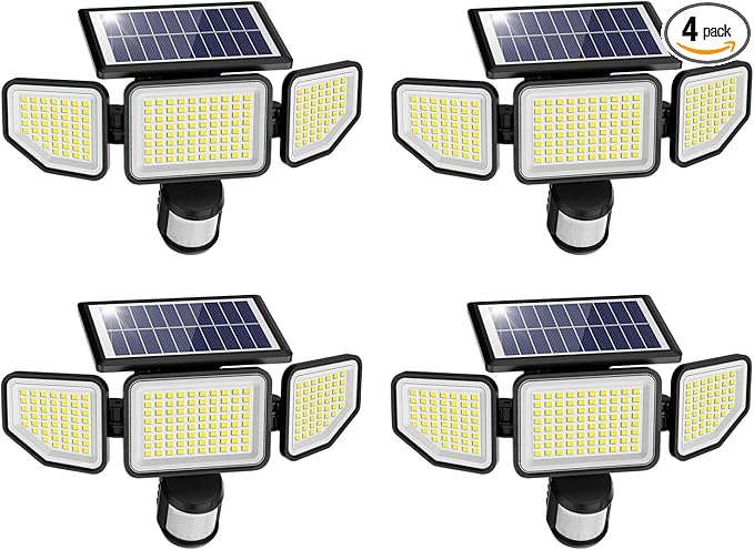 Onforu 4500LM Solar Lights Outdoor, 3 Heads Security Lights with Remote Control, IP65 Waterproof Motion Sensor Lights, 3 Modes Flood Lights for Wall, Porch, Yard, Outside, 4 Pack
