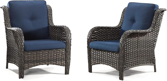 4 Pieces Outdoor Patio Furniture Set Wicker Chairs Set of 2 with Two Ottomans for Backyard, Porch, Balcony(Mixed Grey/Blue)