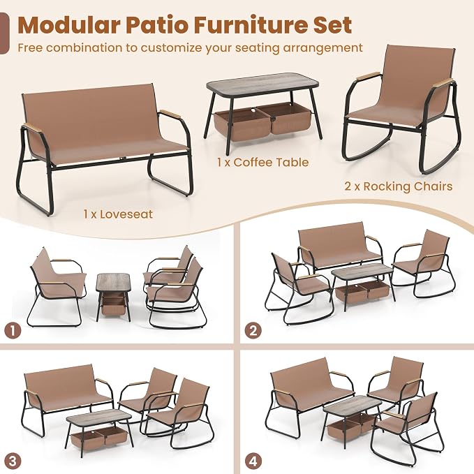 HAPPYGRILL Outdoor Conversation Set with Bistro Rocking Chairs, Loveseat, Storage Coffee Table, Patio Furniture Set with Heavy-Duty Metal Frame, Breathable Mesh Fabric (2)