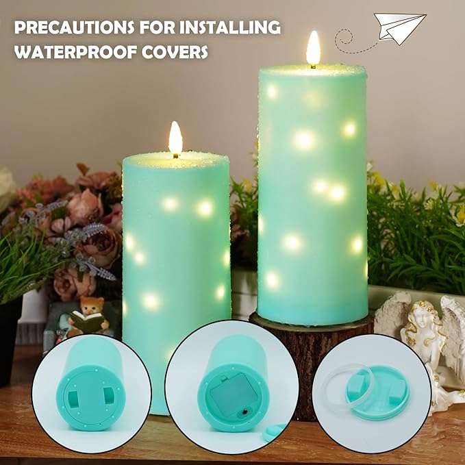 kakoya 10" x 4" Large Outdoor Waterproof Flickering Flameless Candles with Timer,2Pcs Battery Operated LED Pillar Candles with Embedded Star String for Outdoor Lanterns,Porch,Patio Decor(Blue)