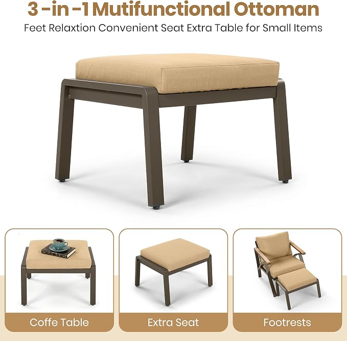 6 Piece Outdoor Patio Furniture Set, Steel Frame Sofa Set with 3-Seat Couch, 2 Armchairs, 2 Ottomans & Acacia Wood Coffee Table, Patio Conversation Set for Backyard Garden Poolside, Brown