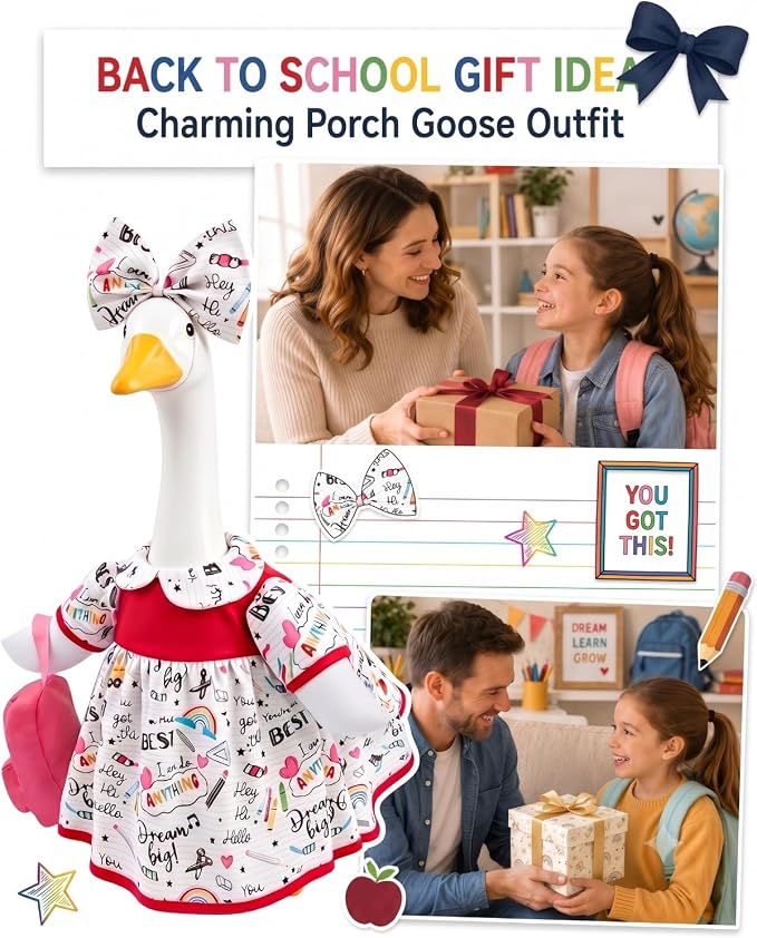 Back to School Porch Goose Outfit with Tote Bag & Bow, 23" Lawn Cement Goose Clothes for School Classroom, Patio Yard Garden Geese Decoration Gift for Mom Grandma