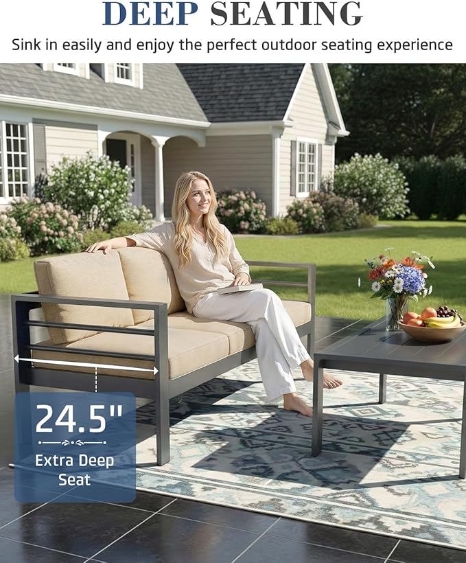 AECOJOY Aluminum Patio Furniture Set, 5 Seats Modern Outdoor Furniture with Coffee Table, 4 Pieces Metal Conversation Sectional Sofa, Beige