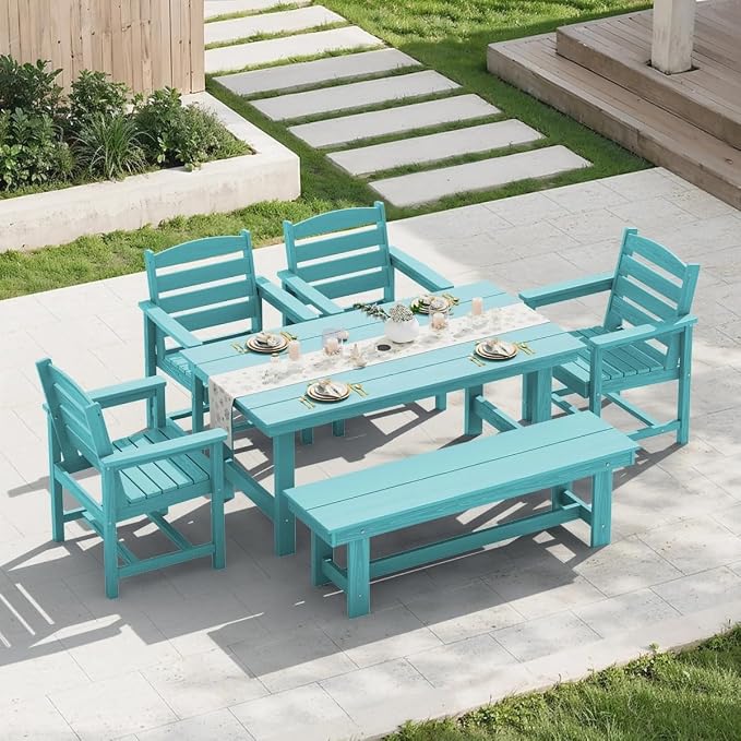 KINGYES 6-Piece Patio Dining Set, HDPE Outdoor Table and Chairs with Bench, Aruba