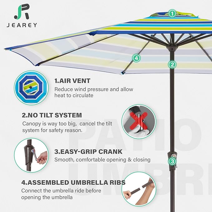 JEAREY 11' Patio Umbrellas Outdoor Table Market Umbrella w/Crank, 8 Sturdy Ribs, UV Protection Windproof for Garden, Deck, Backyard, Pool(Blue Green Striped)