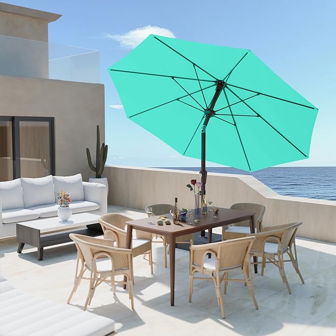 PatioKingdom Auto-Tilt 9FT Patio Umbrella Outdoor with 8 Sturdy Fiberglass Ribs,Market Table Umbrella for Pool,Backyard,Deck and Garden(Peacock Blue)
