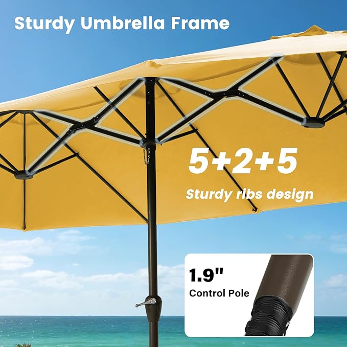 15FT Large Patio Umbrellas with Base Included, Outdoor Double-Sided Rectangle Big Market Umbrella with Stand, Outside Umbrellas for Poolside Lawn Backyard,Yellow