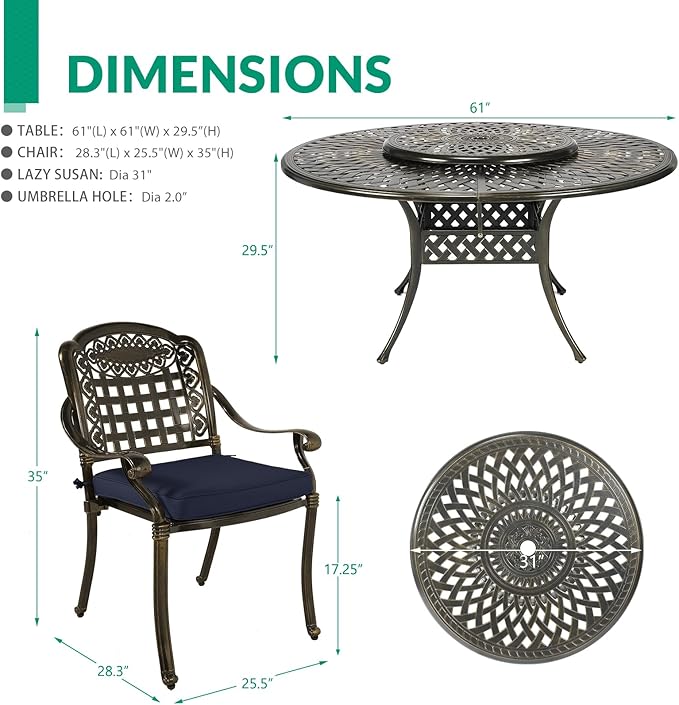 VIVIJASON 9-Piece Outdoor Furniture Dining Set, Rust-Free Cast Aluminum Patio Conversation Set, Include 8 Cushioned Chairs & 61" Round Dining Table with 31" Lazy Susan, Umbrella Hole, Navy Blue