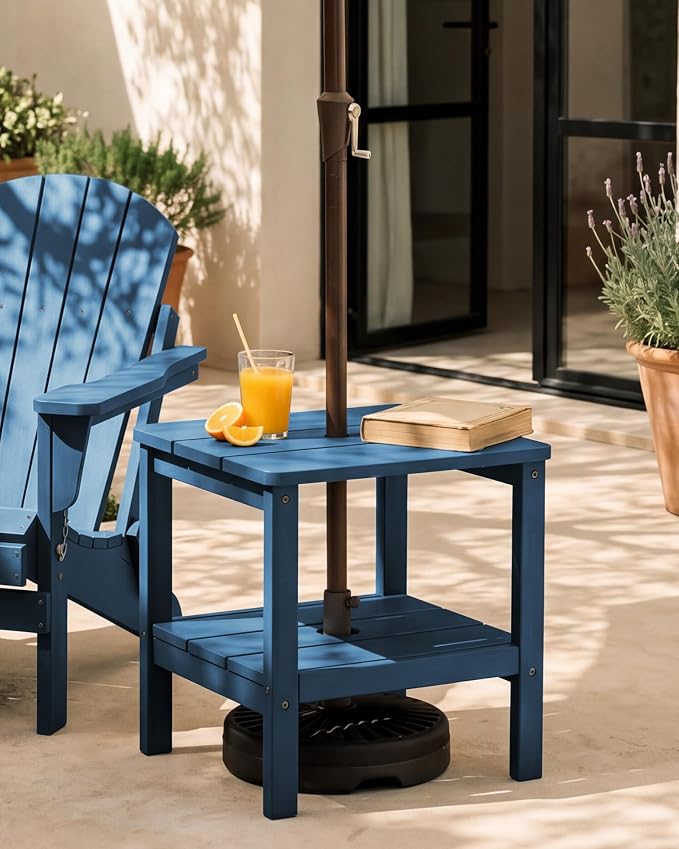 SERWALL Double Layer Adirondack Side Table with Umbrella Hole, HIPS Outdoor Side Table Rectangular End Tables for Patio, Poolside, Garden, Blue