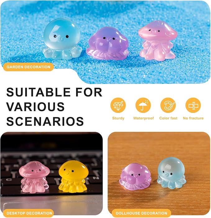 60 PCS 6 Styles Glow in Dark Mini Resin Octopus Figurines, Assorted Luminous Ocean Creature Miniature Dollhouse Accessories, Bulk Tiny Marine Ornaments for Fairy Garden DIY Aquarium Decor