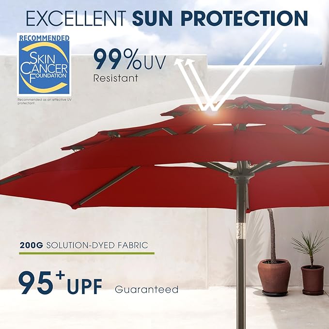 wikiwiki 9ft 3-Tier Patio Umbrella Outdoor Table Market Umbrella for Patio with Push Button Tilt/Crank, Fade Resistant Waterproof POLYESTER Canopy for Garden, Lawn, Deck, Backyard & Pool, Burgundy Red