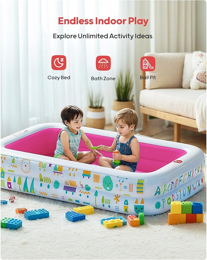QPAU Kiddie Pool – 65" x 39" Inflatable Pool for Kids & Toddlers, Ball Pit & Baby Pool with Soft Cushioned Floor, Canopy for Sun Protection, Durable Outdoor Play Toys for Backyard & Indoor (Pink)