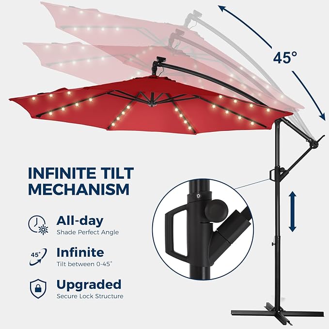HOMSHADE 10ft Solar Lights Offset Cantilever Patio Umbrella - with Light and Base, LED Lighted Offset Hanging Patio Outdoor Market Umbrella UPF50+ UV Protection with Easy Tilt and Crank (Red)