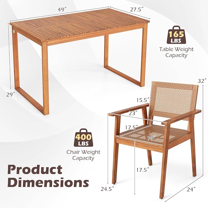 COSTWAY Outdoor Dining Set for 4, 5 Pieces Acacia Wood Table and Armchairs Set with Rattan Backrest and Seat, Adjustable Foot Pads for Patio, Backyard, Deck, Poolside