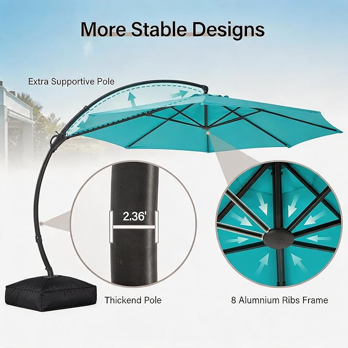 LAUSAINT HOME 12ft Patio Cantilever Umbrella with Base Included, Outdoor Curvy Round Offset Umbrella, Heavy Duty Aluminum, 360° Rotation for Pool, Deck, Lawn, Backyard (Turquoise Blue)