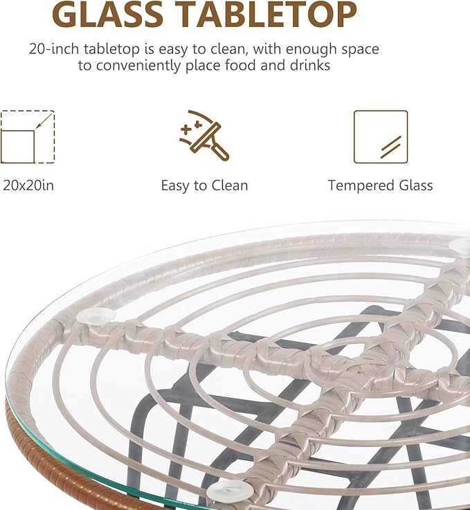 DORTALA 3 Piece Patio Bistro Set, Outdoor Wicker Furniture with Round Tempered Glass Top Table & 2 Rattan Armchairs, Cushions, Conversation Set for Porch, Backyard, Garden, Red