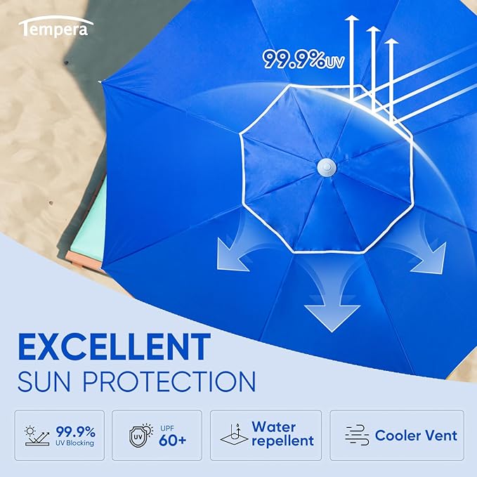 Tempera Heavy Duty High Wind Beach Umbrella with Sand Anchor & Carry Bag | Patio Outdoor Umbrella with Aluminum Frame and Push Button Tilt, Ideal for Travel Garden Lawn, UPF 60+